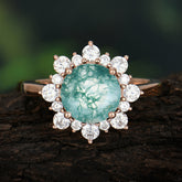 3CT Round Cut Moss Agate Cluster Halo Vintage Engagement Ring